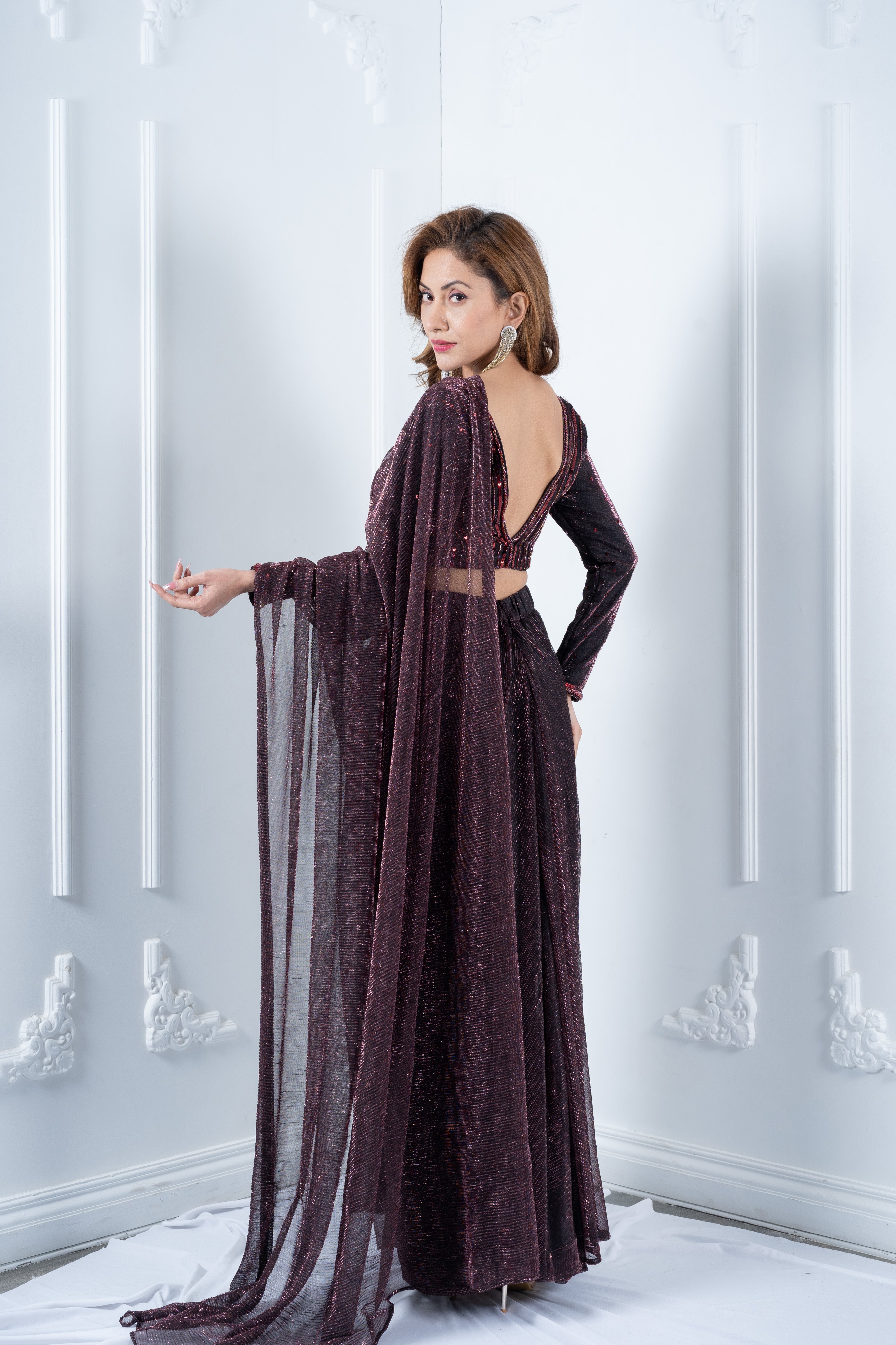 Maroon Sequins Blouse with maroon pleated drape saree