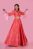 Pink Bell Sleeves Blouse And Lehenga Set