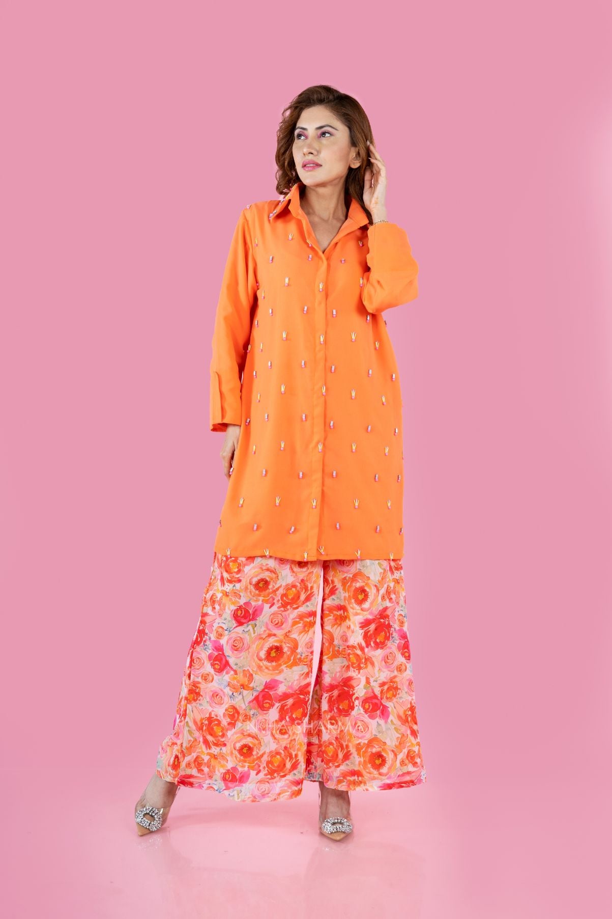 Peach Orange Hand Embroidered Kurta With Floral Pants Set