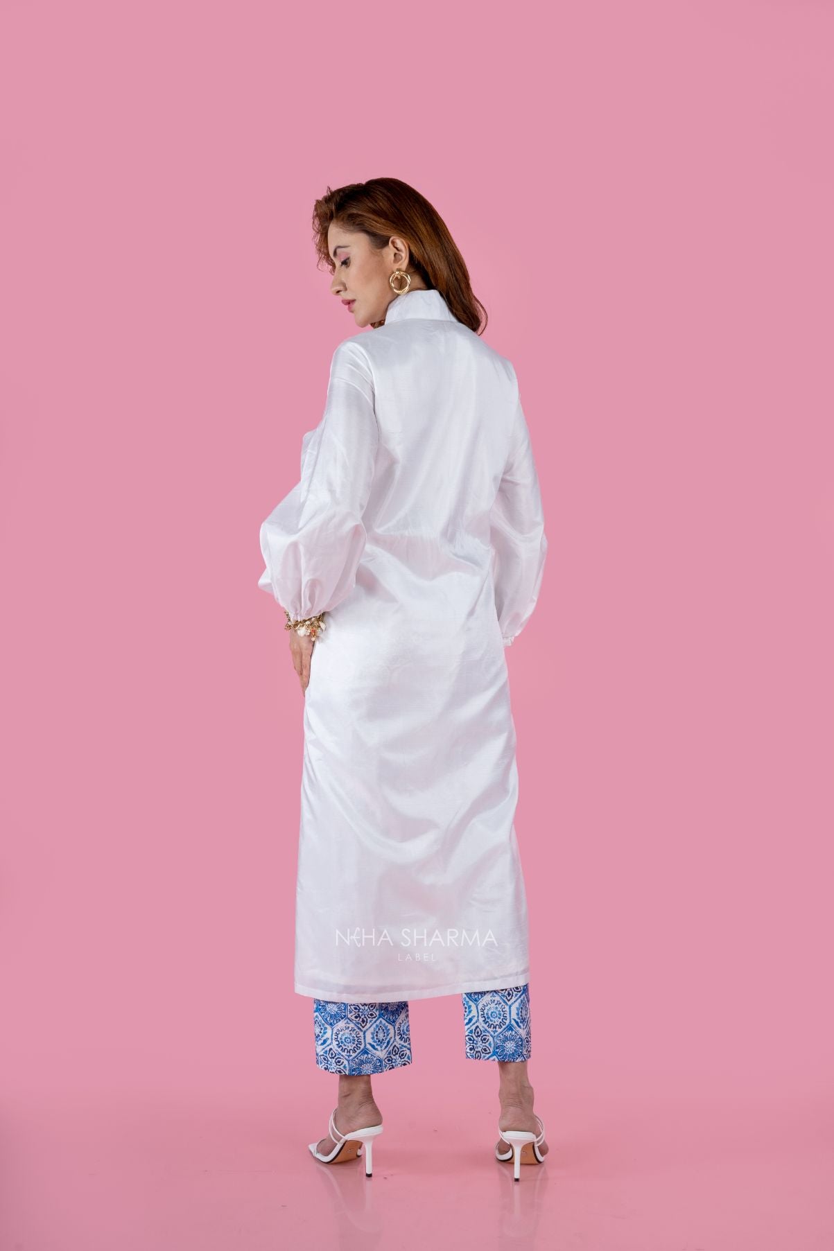 White Silk  Kurta With Blue Printed Pants