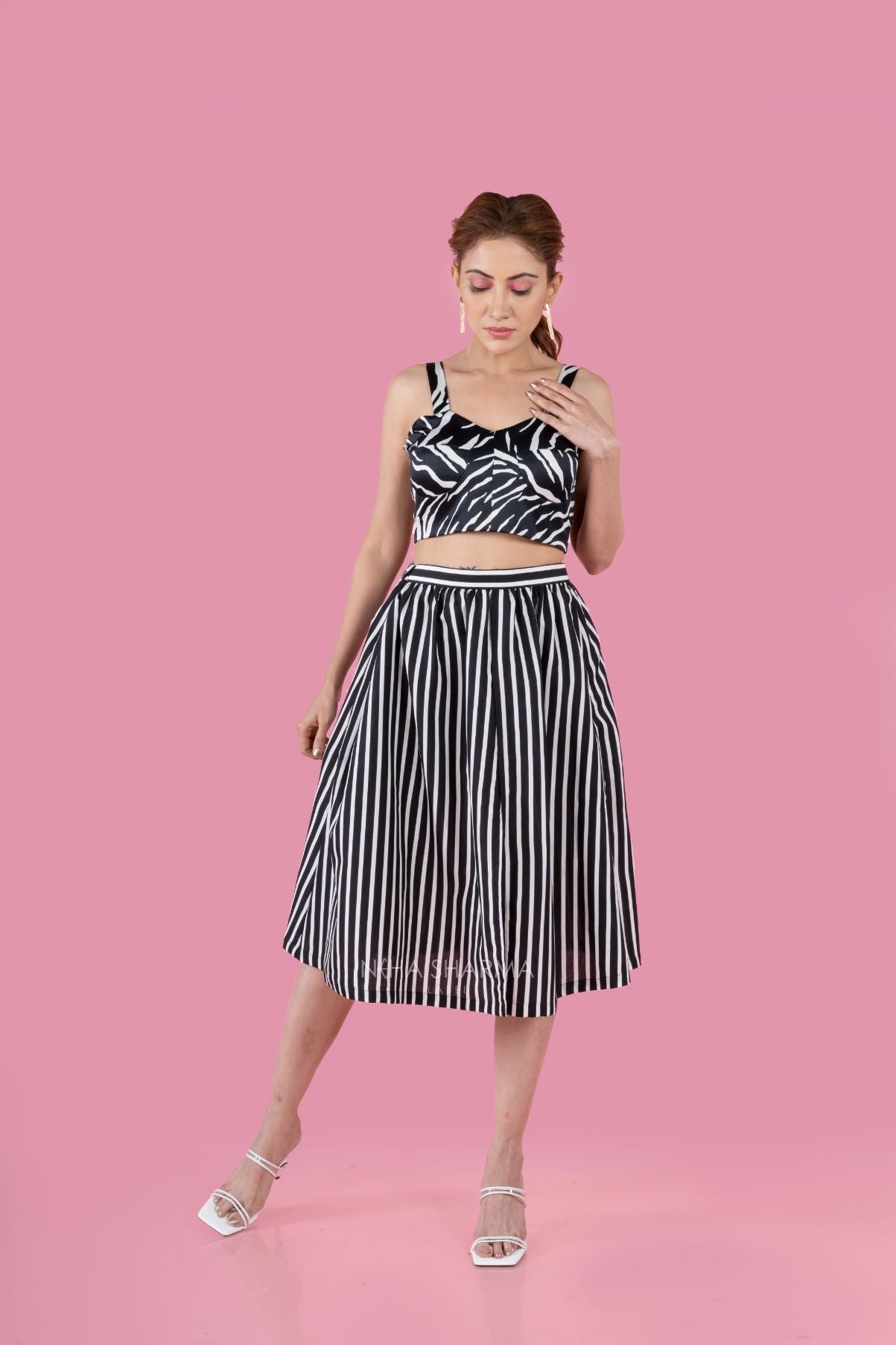 Black And White Top And Skirt Printed Set