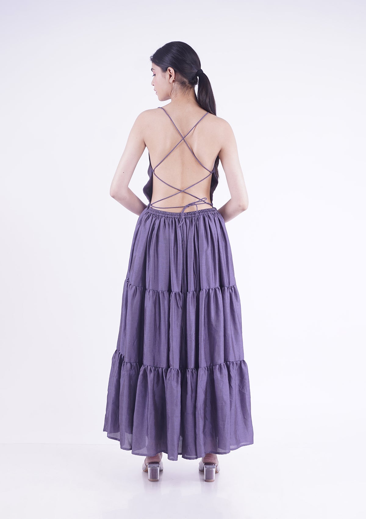 Lilac/Lavender long ruffled gown, and strappy sleeves with backless pattern