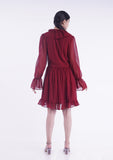 Maroon ruffled mini dress with multilayed ruffles at the front collar and long ruffle sleeves