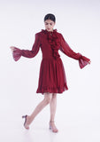 Maroon ruffled mini dress with multilayed ruffles at the front collar and long ruffle sleeves