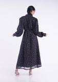 Black printed long dress, with  collared neck and super trendy long sleeves