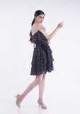 Black printed  ruffled mini dress with one shoulder pattern and ruffled neck pattern