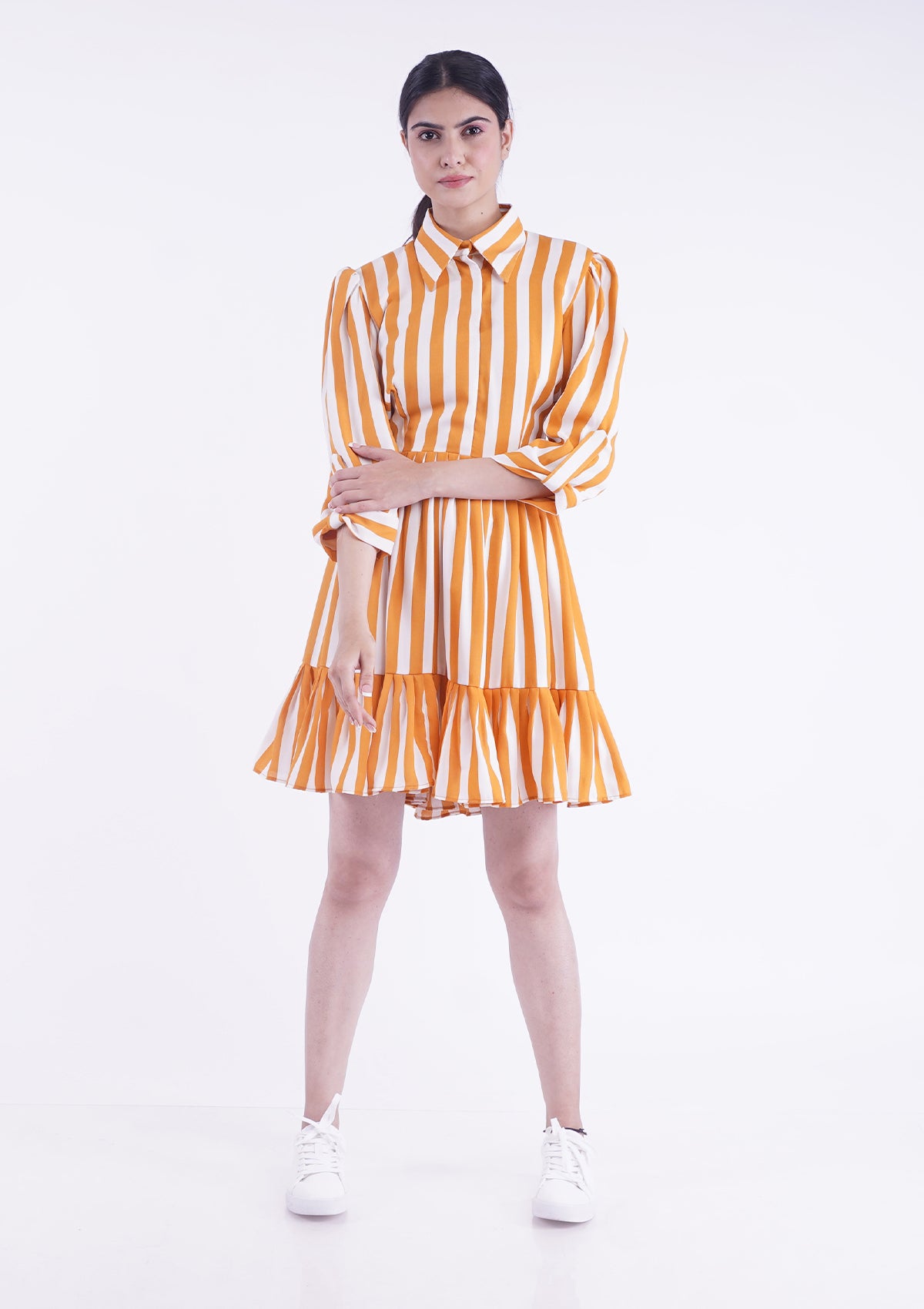 Orange & white stripes mini dress, with ruffled flare, collared neck, and 3/4th length sleeves