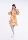 Orange & white stripes mini dress, with ruffled flare, collared neck, and 3/4th length sleeves