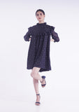 Navy blue printed,  mini dress with cute ruffled neck, and elbow length puffy sleeves
