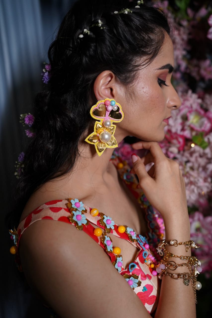 Yellow mirror & pearl beaded earrings