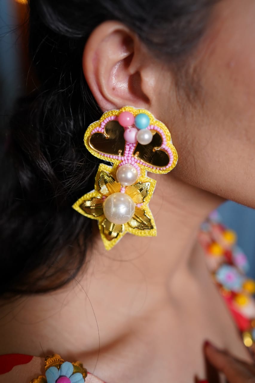 Yellow mirror & pearl beaded earrings