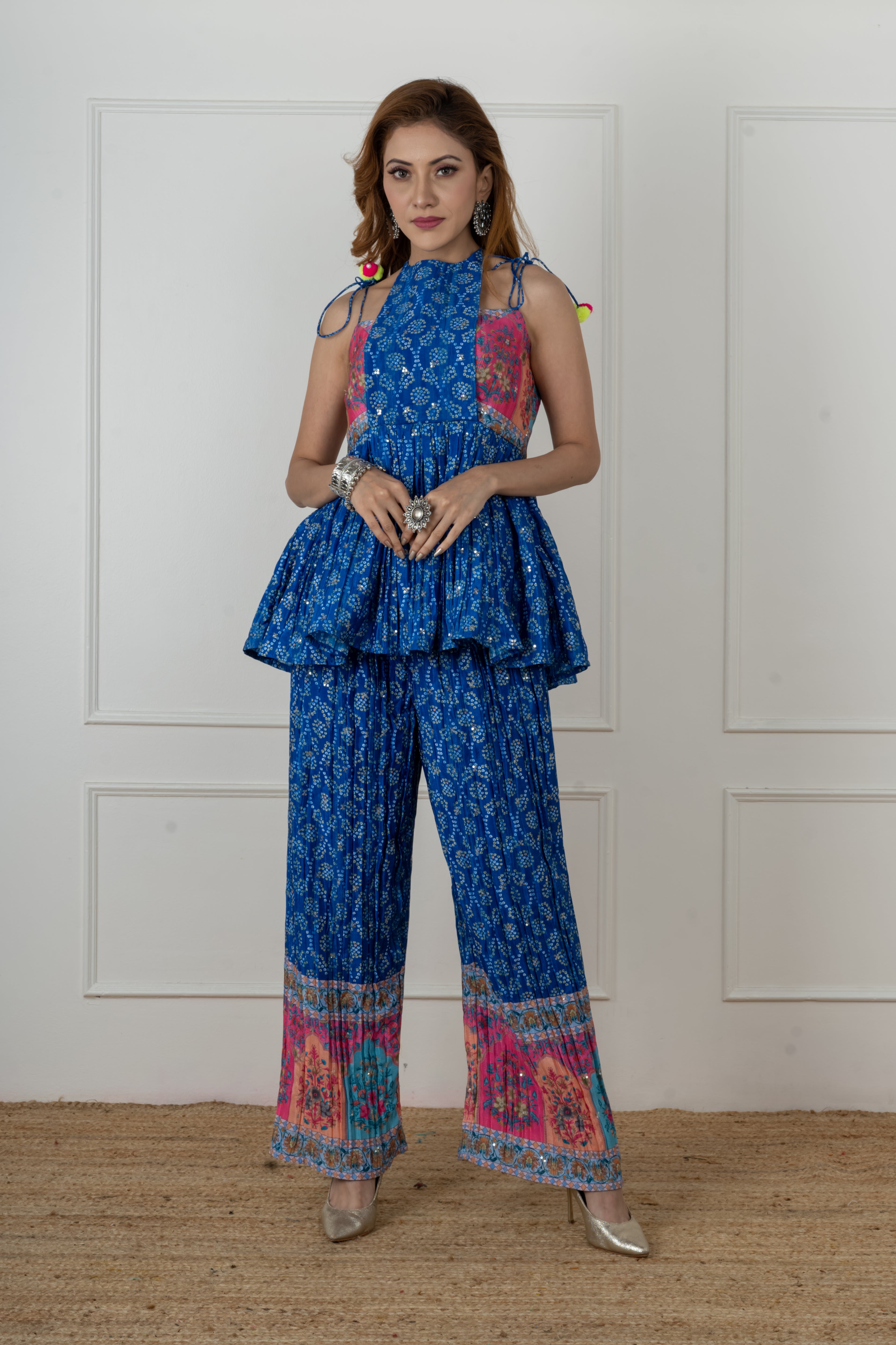 Front view of blue Bandhani kurta set for women with palazzo, perfect for Raksha Bandhan or festive wear.