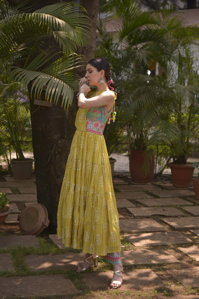 Green Printed Anarkali kurta set for women with palazzo