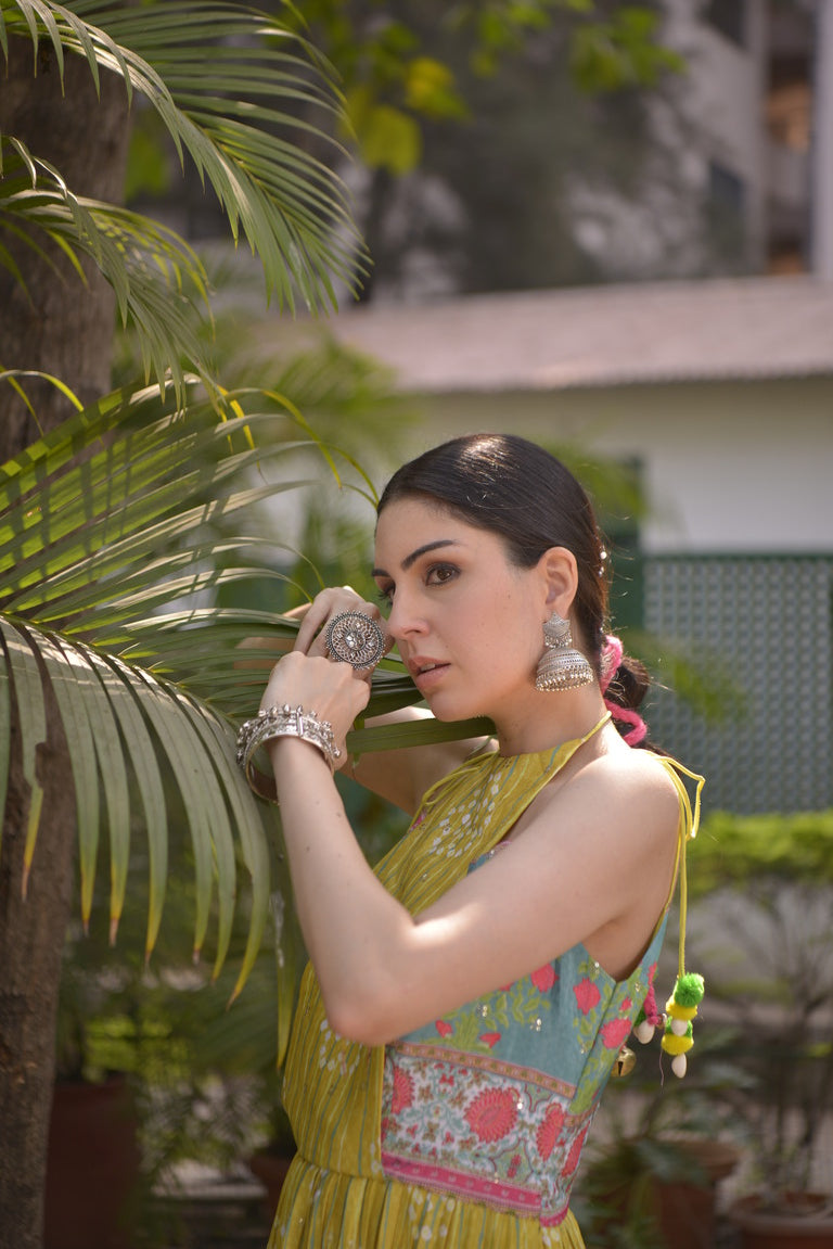Green Anarkali kurta paired with matching printed palazzo pants