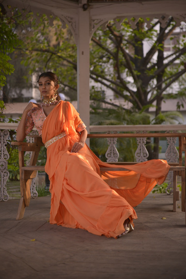 Cantaloupe orange printed blouse with saree