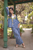 Blue floral embroidered cotton kurt set