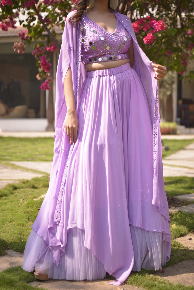 Lavender Mirror embroidered blouse and jacket with lehenga