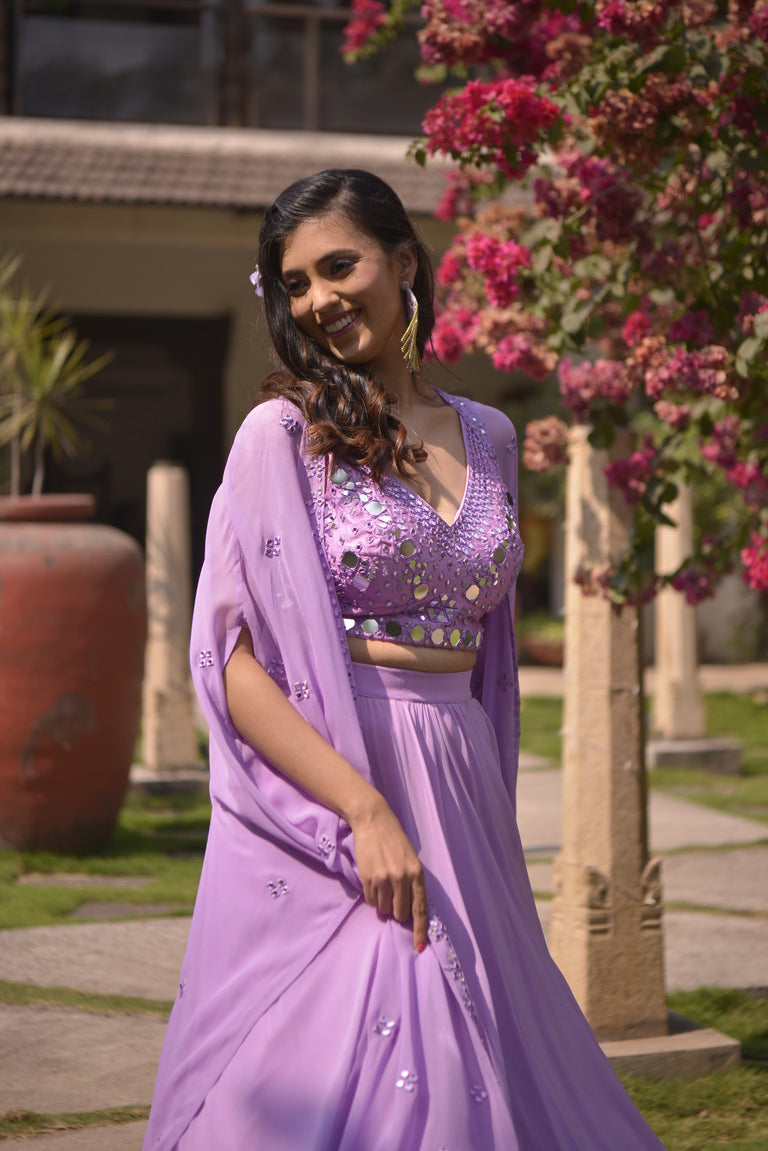 Lavender Mirror embroidered blouse and jacket with lehenga