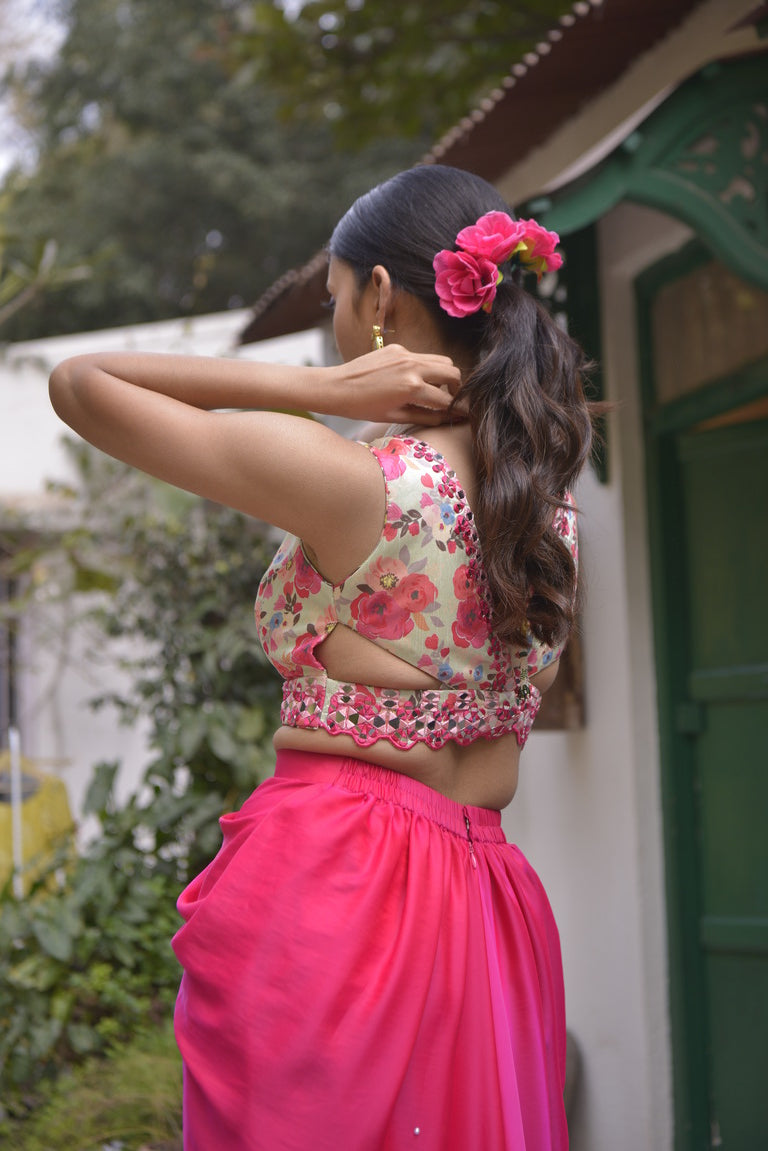 Rani Pink Dhoti Set with printed blouse