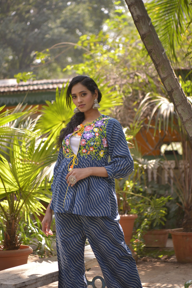 Blue floral embroidered cotton kurta set
