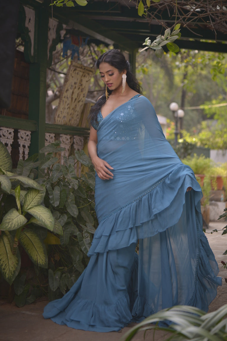 Blue Ruffle saree with Mirror Embroidered blouse