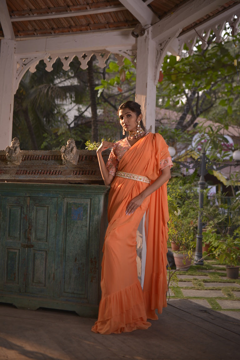Cantaloupe orange printed blouse with saree