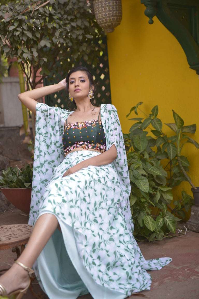 Green Floral Dhoti Set