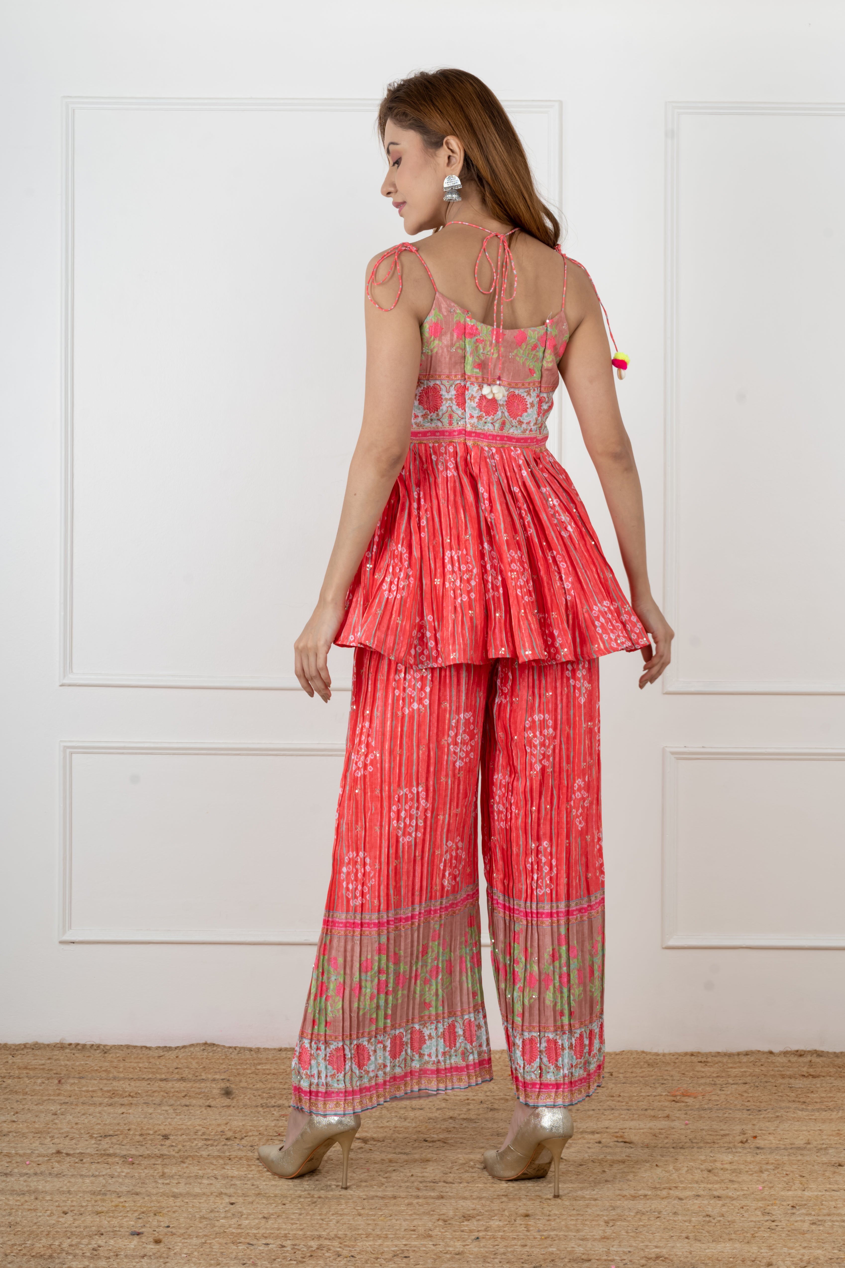 Peach floral Bandhani kurta palazzo set