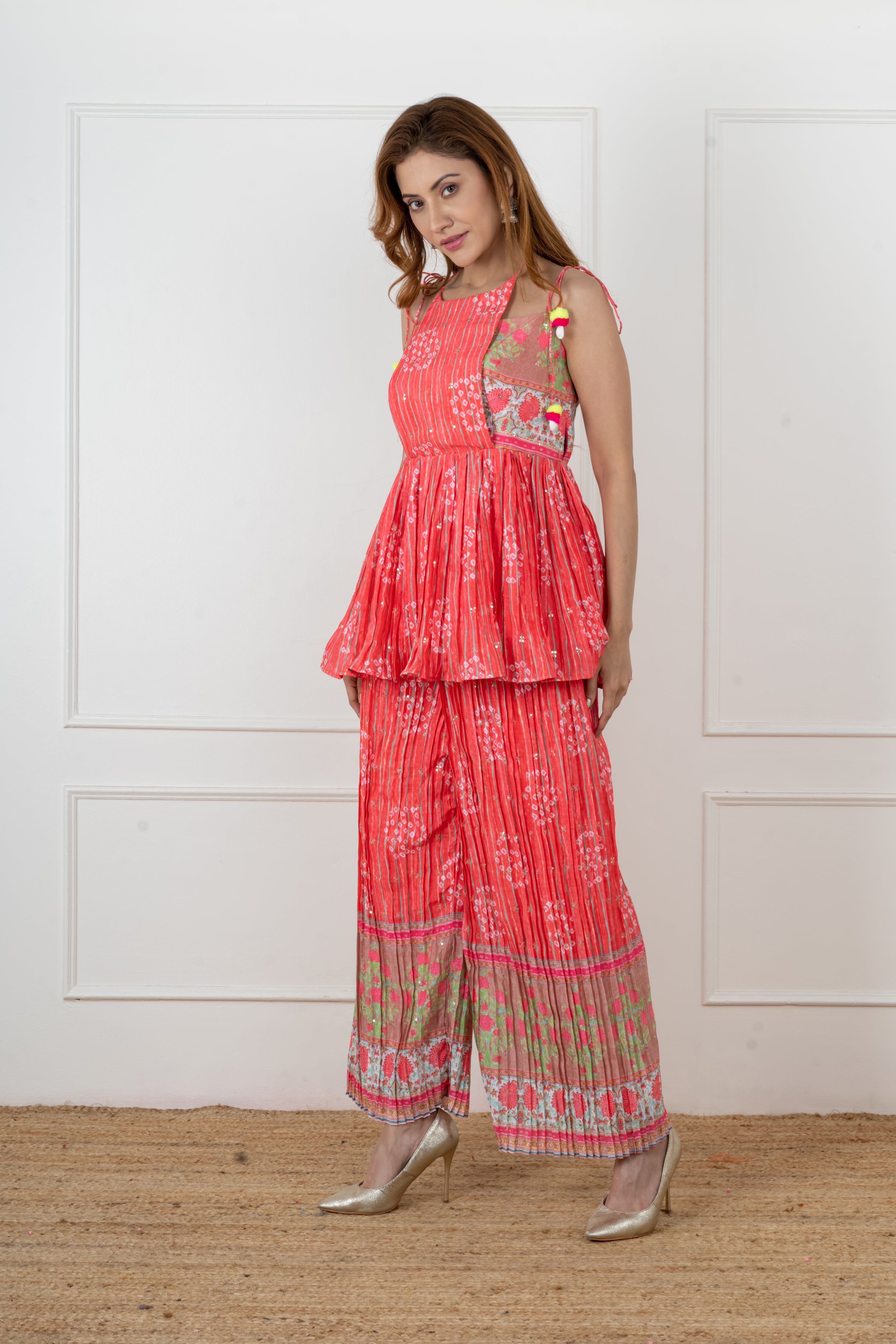 Designer peach Bandhani kurta with palazzo pants