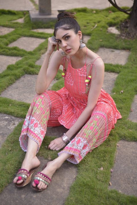 Orange kurta palazzo set with floral and stripe print