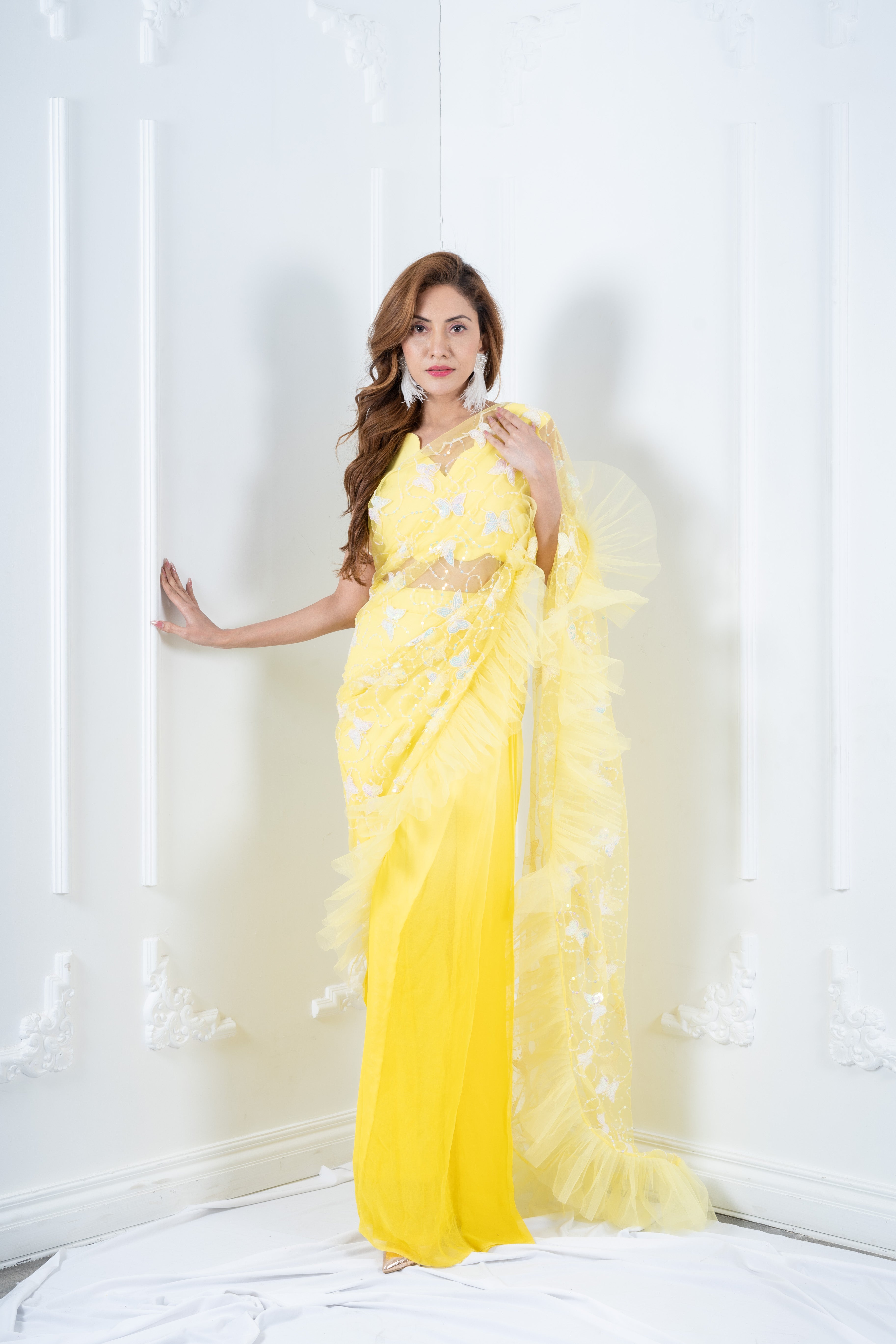 Yellow Designer Saree with Butterfly Draped Style